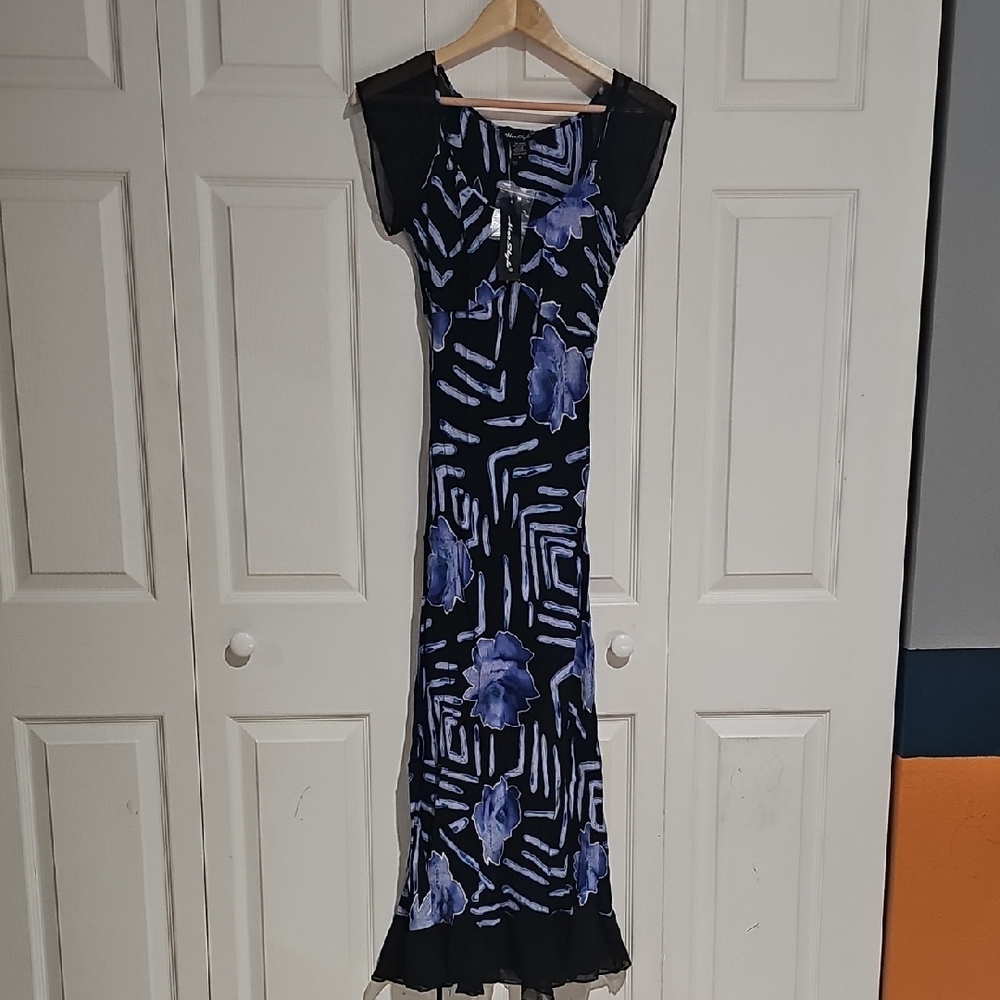 HerStyle Blue Floral Mesh Cap Sleeve Maxi Dress – Size Medium – NWT